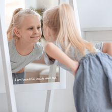 Load image into Gallery viewer, girl smiling looking into mirror with a decal in white font down the bottom "I am beautiful inside and out"
